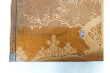 時代物　明治から大正期　松竹梅蒔絵と螺鈿のきらめきが美しい総梨地の御文台　外箱付き　(R-091607)