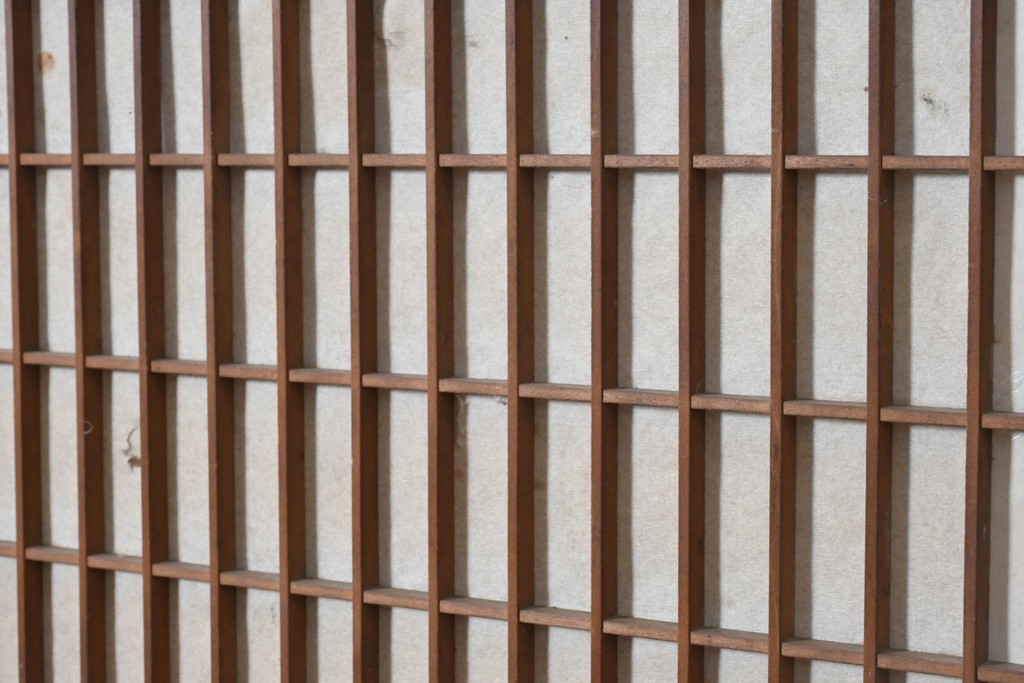 アンティーク建具　昭和初期　木目が際立つ幅広の障子入り帯戸2枚セット　(R-091651)