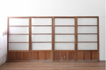 ヴィンテージ建具　昭和中期　モールガラスと木の風合いが味わい深いガラス戸4枚セット　(R-091652)