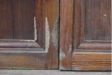 アンティーク建具　昭和初期から昭和中期　裏面ガラス入り　繊細な縦格子とガラス帯が味わい深い格子戸3枚セット　(R-091657)