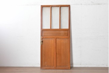 ヴィンテージ建具　昭和中期　温かみのある木色と型板ガラスがレトロなドア1枚　(R-091660)