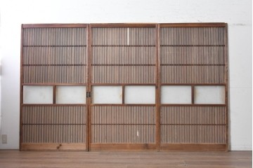 和製アンティーク建具　明治期から大正期　細かな縦格子と中央にガラスを備えた格子戸3枚セット　(R-091714)