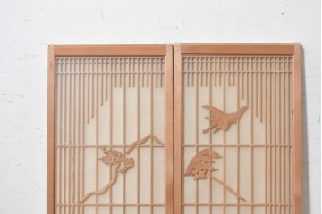 ヴィンテージ建具　昭和後期　松竹梅　鶴亀　麻の葉組子　縁起の良い意匠をちりばめた両面ガラスの書院戸2枚セット　(R-091721)