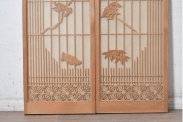 ヴィンテージ建具　昭和後期　松竹梅　鶴亀　麻の葉組子　縁起の良い意匠をちりばめた両面ガラスの書院戸2枚セット　(R-091721)