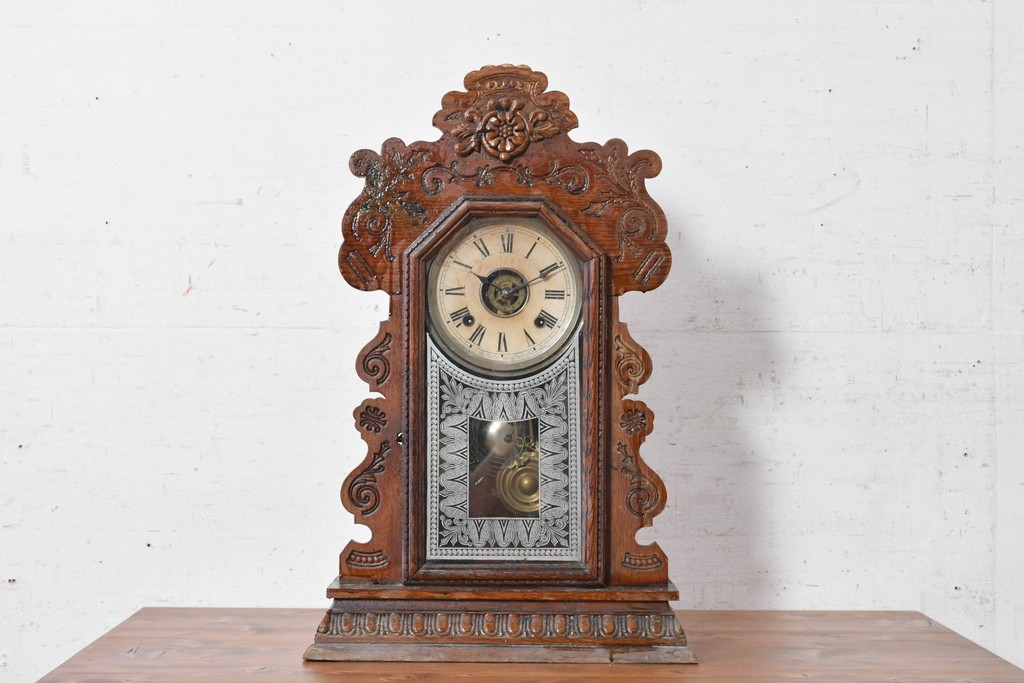 アメリカアンティーク　1890年から1900年頃　Ansonia Clock Company(アンソニア)　花や唐草の彫刻が優美な置き時計　(R-091730)