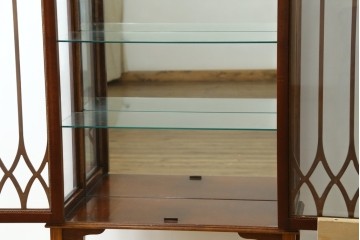 イギリスヴィンテージ　マホガニー材　人気の幅狭サイズ!!　象嵌装飾とガラス戸の意匠が優美なガラスキャビネット　(R-091771)