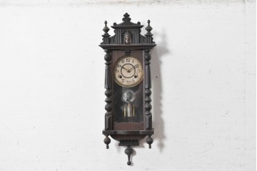 和製アンティーク　大正期　人面飾りと重厚な彫刻装飾が目を引くスリゲル型掛け時計　(R-091814)
