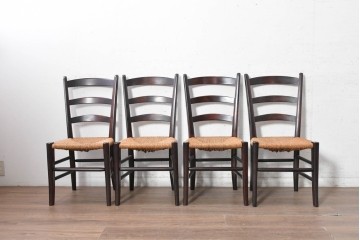 中古　松本民芸家具　SE型ラッシチェア　弧を描く背板と編み座が美しいチェア4脚セット　定価約15万円　(R-091852)