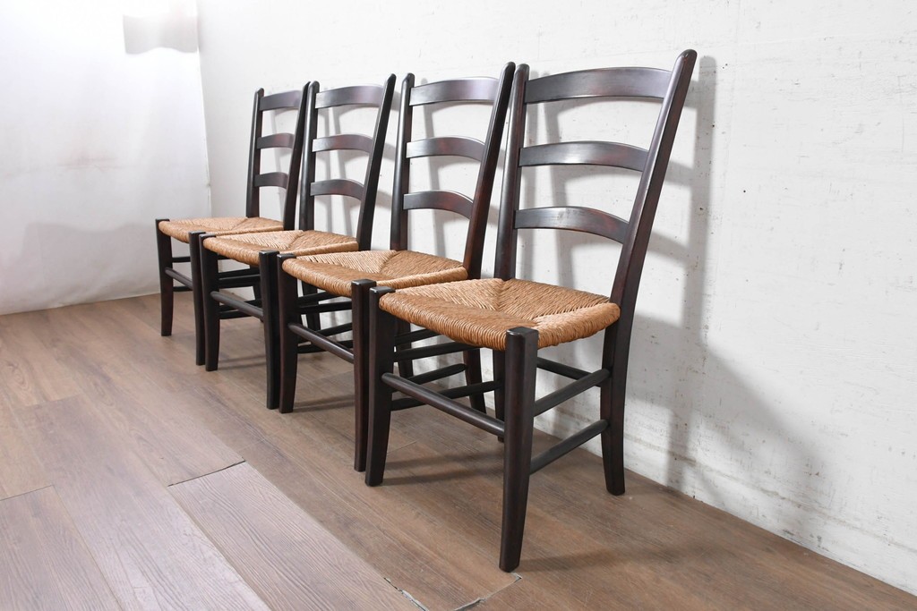 中古　松本民芸家具　SE型ラッシチェア　弧を描く背板と編み座が美しいチェア4脚セット　定価約15万円　(R-091852)