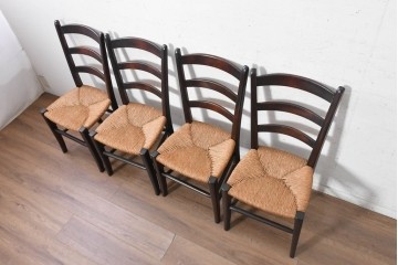 中古　松本民芸家具　SE型ラッシチェア　弧を描く背板と編み座が美しいチェア4脚セット　定価約15万円　(R-091852)