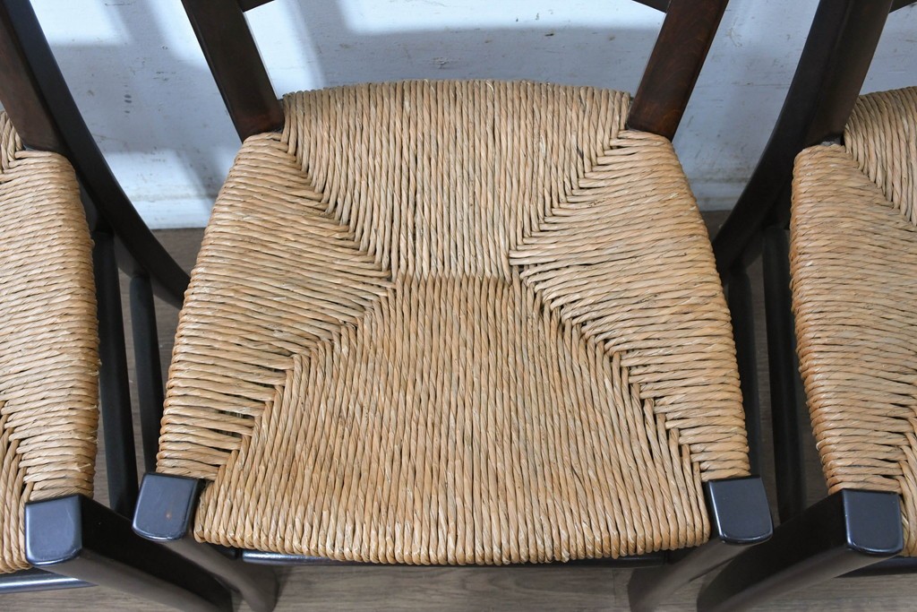中古　松本民芸家具　SE型ラッシチェア　弧を描く背板と編み座が美しいチェア4脚セット　定価約15万円　(R-091852)