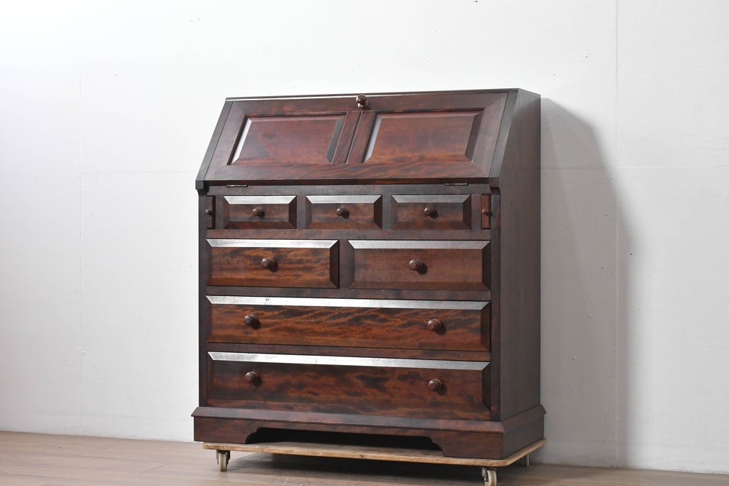中古　美品　松本民芸家具　T型　重厚なライティングビューロー　定価約55万円　(R-091943)