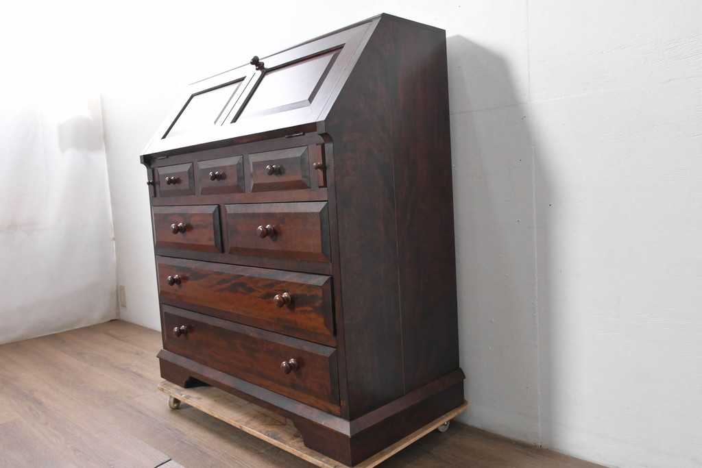 中古　美品　松本民芸家具　T型　重厚なライティングビューロー　定価約55万円　(R-091943)