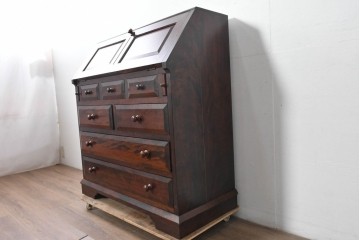 中古　美品　松本民芸家具　T型　重厚なライティングビューロー　定価約55万円　(R-091943)
