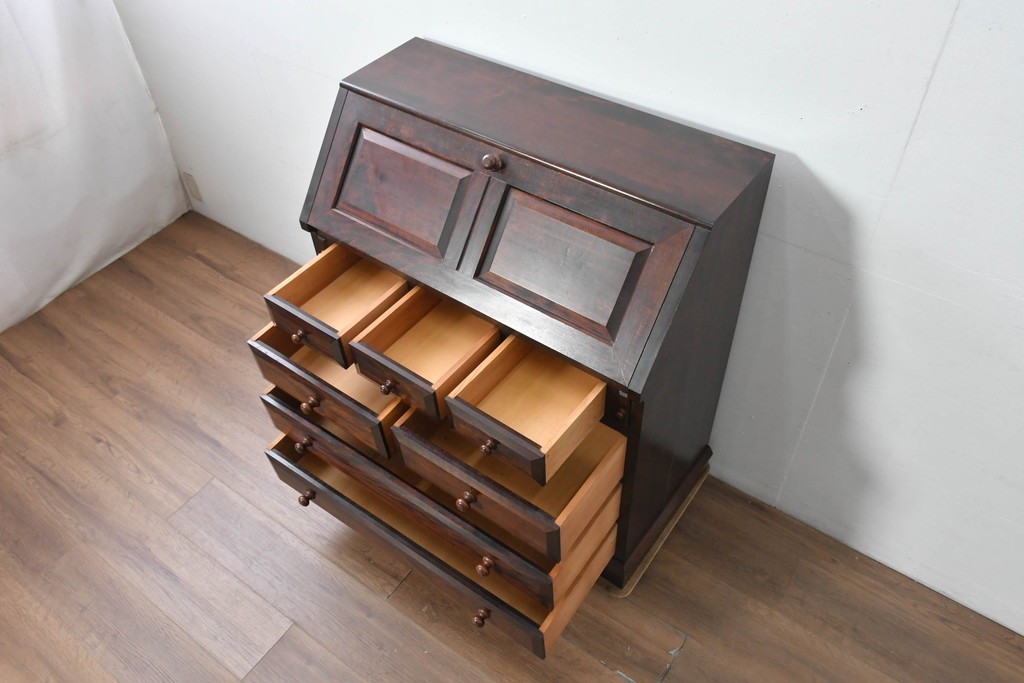 中古　美品　松本民芸家具　T型　重厚なライティングビューロー　定価約55万円　(R-091943)