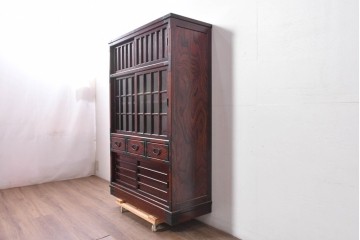 中古　美品　志太民芸家具　重厚な金具と美しい木目が目を引く格子茶箪笥　(R-091958)