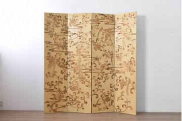 和製ヴィンテージ　クラッキング加工　鳥や葡萄の金模様が華やかな四連衝立　(R-091981)