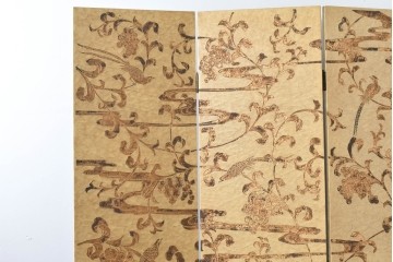和製ヴィンテージ　クラッキング加工　鳥や葡萄の金模様が華やかな四連衝立　(R-091981)