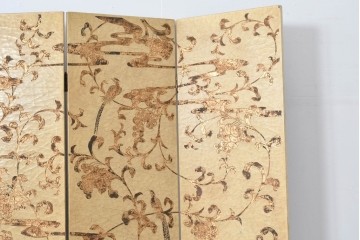 和製ヴィンテージ　クラッキング加工　鳥や葡萄の金模様が華やかな四連衝立　(R-091981)