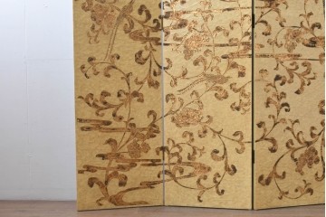 和製ヴィンテージ　クラッキング加工　鳥や葡萄の金模様が華やかな四連衝立　(R-091981)
