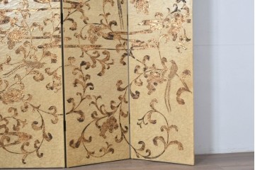 和製ヴィンテージ　クラッキング加工　鳥や葡萄の金模様が華やかな四連衝立　(R-091981)