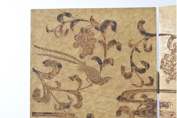 和製ヴィンテージ　クラッキング加工　鳥や葡萄の金模様が華やかな四連衝立　(R-091981)