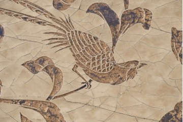 和製ヴィンテージ　クラッキング加工　鳥や葡萄の金模様が華やかな四連衝立　(R-091981)