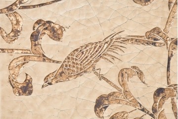 和製ヴィンテージ　クラッキング加工　鳥や葡萄の金模様が華やかな四連衝立　(R-091981)