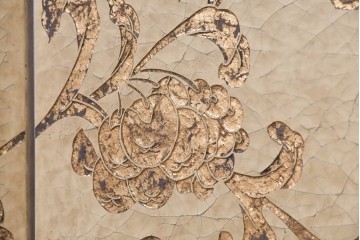 和製ヴィンテージ　クラッキング加工　鳥や葡萄の金模様が華やかな四連衝立　(R-091981)