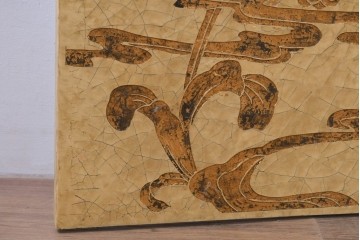 和製ヴィンテージ　クラッキング加工　鳥や葡萄の金模様が華やかな四連衝立　(R-091981)
