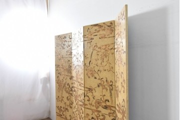 和製ヴィンテージ　クラッキング加工　鳥や葡萄の金模様が華やかな四連衝立　(R-091981)