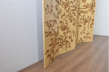 和製ヴィンテージ　クラッキング加工　鳥や葡萄の金模様が華やかな四連衝立　(R-091981)