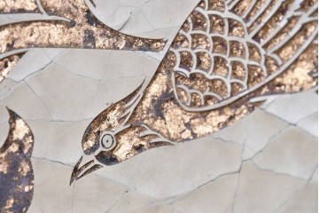 和製ヴィンテージ　クラッキング加工　鳥や葡萄の金模様が華やかな四連衝立　(R-091981)