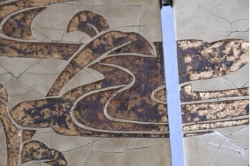 和製ヴィンテージ　クラッキング加工　鳥や葡萄の金模様が華やかな四連衝立　(R-091981)