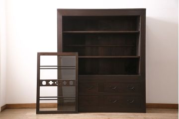 五尺収納箪笥キャビネットをリペア&カスタム!戸板をゆらゆらガラスへ変更。引き手を取り付け。可動式の棚板を設置。濃い茶色で着色し仕上げ。(水屋箪笥、収納棚、戸棚、キャビネット)