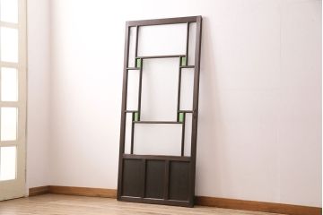 ドアをリペア&カスタム!框を加工し引き戸仕様へ変更。結霜ガラス、緑の色ガラスへ入れ替え。濃い茶色で着色し仕上げ。(引き戸、建具)