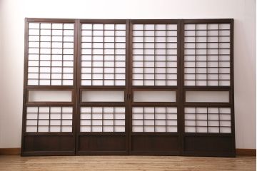 昭和初期の格子戸4枚をリペア&カスタム!クリアガラスを結霜ガラスへ入れ替え。障子の張り替え。濃い茶色で着色し仕上げ。(引き戸、建具)