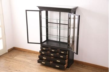 ビンテージのケビントをリペア&カスタム!天板をガラスに変更。アジャスター金具を取り付け。カシュー塗装で仕上げ。(デンタルケース、デンタルキャビネット、収納棚、ガラスケース、ショーケース、キャビネット)