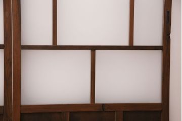 昭和初期のガラス戸4枚をリペア&カスタム!設置場所に合わせてリサイズ。ガラスをすりガラスへ入れ替え。鍵を取り外し、埋め木加工。同時購入品と色味を合わせて着色し仕上げ。(引き戸、建具)