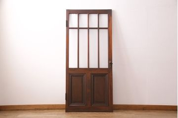 昭和初期の木製ドアをリペア&カスタム!設置場所に合わせてリサイズ。すりガラスへ入れ替え。濃い茶色で着色し仕上げ。(ガラスドア、建具、木製扉)
