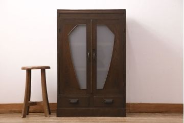 大正昭和期の本箱をリペア&カスタム!建具の色ガラスをすりガラスへ入れ替え。(収納棚、戸棚、キャビネット)