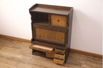 ライティングビューローをリペア&カスタム!作業台の生地を張り替え、現状に色味を活かして仕上げ。(簿記机、ワークデスク)