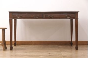 イギリスアンティークのレザートップテーブルをリペア&カスタム!蜜蝋ワックス仕上げ。(ワークデスク、ダイニングテーブル、作業台)