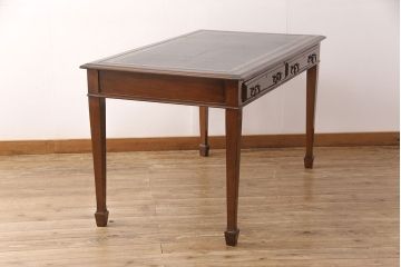 イギリスアンティークのレザートップテーブルをリペア&カスタム!蜜蝋ワックス仕上げ。(ワークデスク、ダイニングテーブル、作業台)