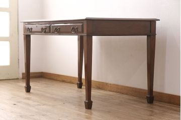 イギリスアンティークのレザートップテーブルをリペア&カスタム!蜜蝋ワックス仕上げ。(ワークデスク、ダイニングテーブル、作業台)