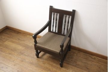 松本民芸家具のD型布張り椅子をリペア&カスタム!生地を張り替え、クッションを新規製作。木部は元の色味をベースに着色し仕上げ。(アームチェア、一人掛けソファ)
