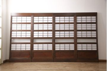 裏障子付き格子戸4枚をリペア&カスタム!高さと幅をリサイズし、上下の桟はフラットにし戸車を取り付け。本体をダークブラウンに着色し仕上げ。(引き戸、障子戸)