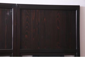 明治期のガラス帯戸2枚をリペア&カスタム!オリジナルのステンドグラスをはめ込み、濃い茶色で着色仕上げ。(引き戸、板戸、ガラス戸、建具)