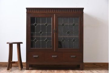 大正昭和初期のガラスキャビネットをリペア&カスタム!建具にオリジナルのステンドグラスを使用。(収納棚、戸棚、サイドボード、ガラスケース)