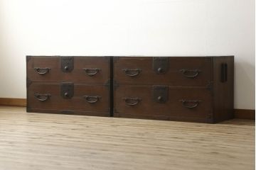 明治大正期の二本松箪笥をリペア&カスタム!背面の割れを修繕し、全体を1トーン落ち着いた色味に着色仕上げ。(重ね箪笥、収納箪笥、衣装箪笥、和タンス、桐たんす、時代箪笥、引き出し)